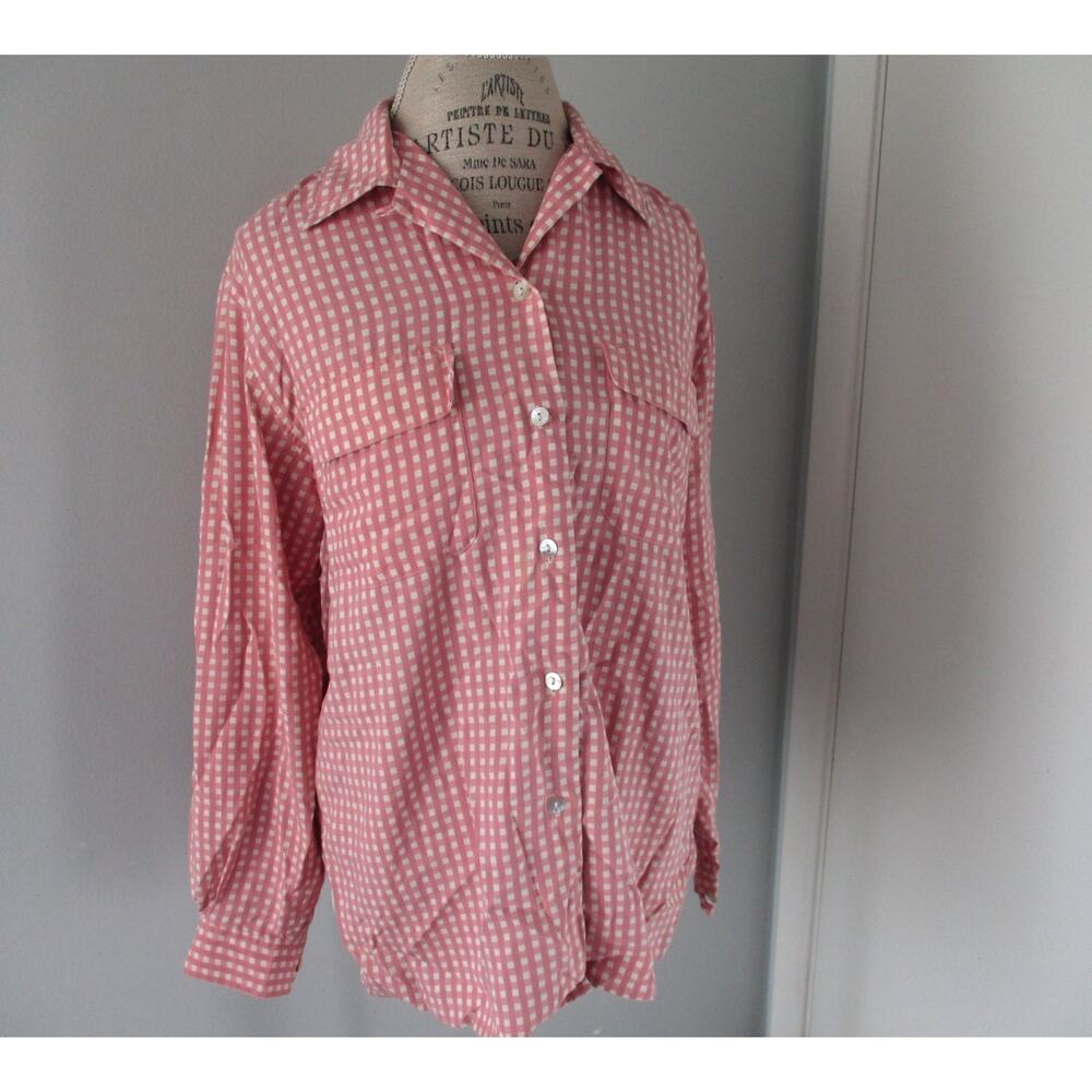 Vintage Jacqueline Ferrar Pink Gingham Print Silk Button Down Blouse Size Medium
